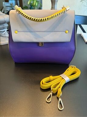 NEW Colorblock Vegan Leather Satchel Crossbody Purse - Purple Yellow Gray